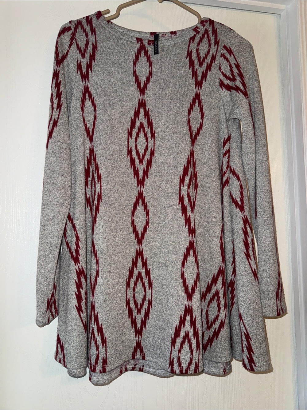 Bellamie Grey Long Sleeve Dress with Burgundy Aztec Pattern